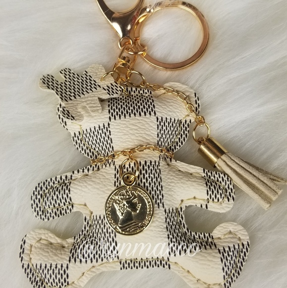 Black White Leather Teddy Bear Tassel Keyring - Picture 3 of 8